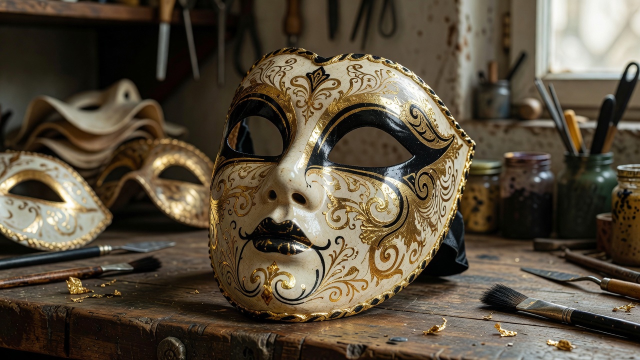 Detailed handcrafted Venetian mask with gold leaf leafing and delicate black lacquer