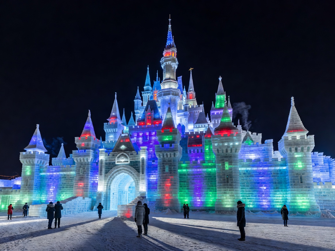 Gigantic illuminated ice castle at Harbin Ice and Snow World