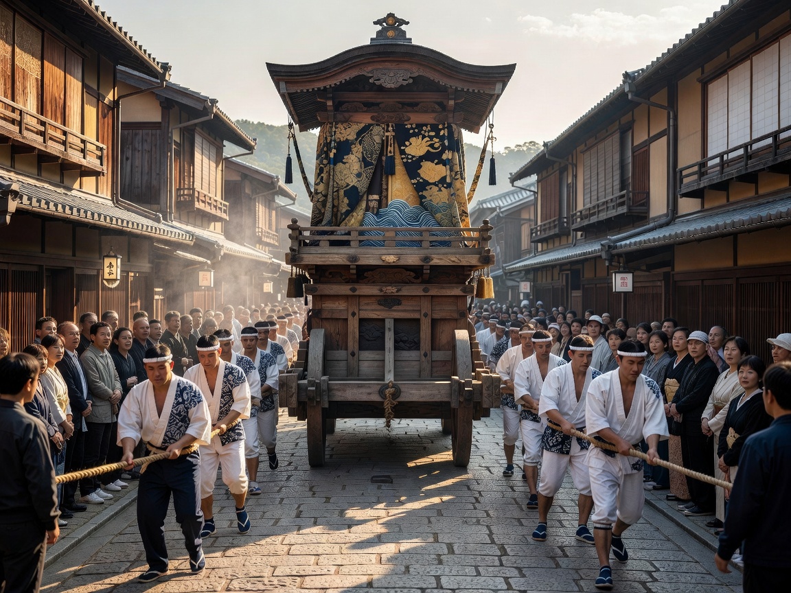 Traditional Japanese wooden float illuminated at Gion Matsuri Kyoto