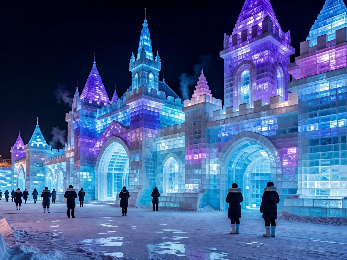 Colossal illuminated ice palaces and sculptures at Harbin Ice Festival