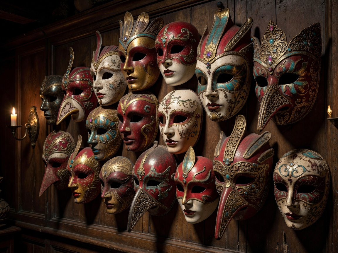 Intricate hand carved Venetian mask display