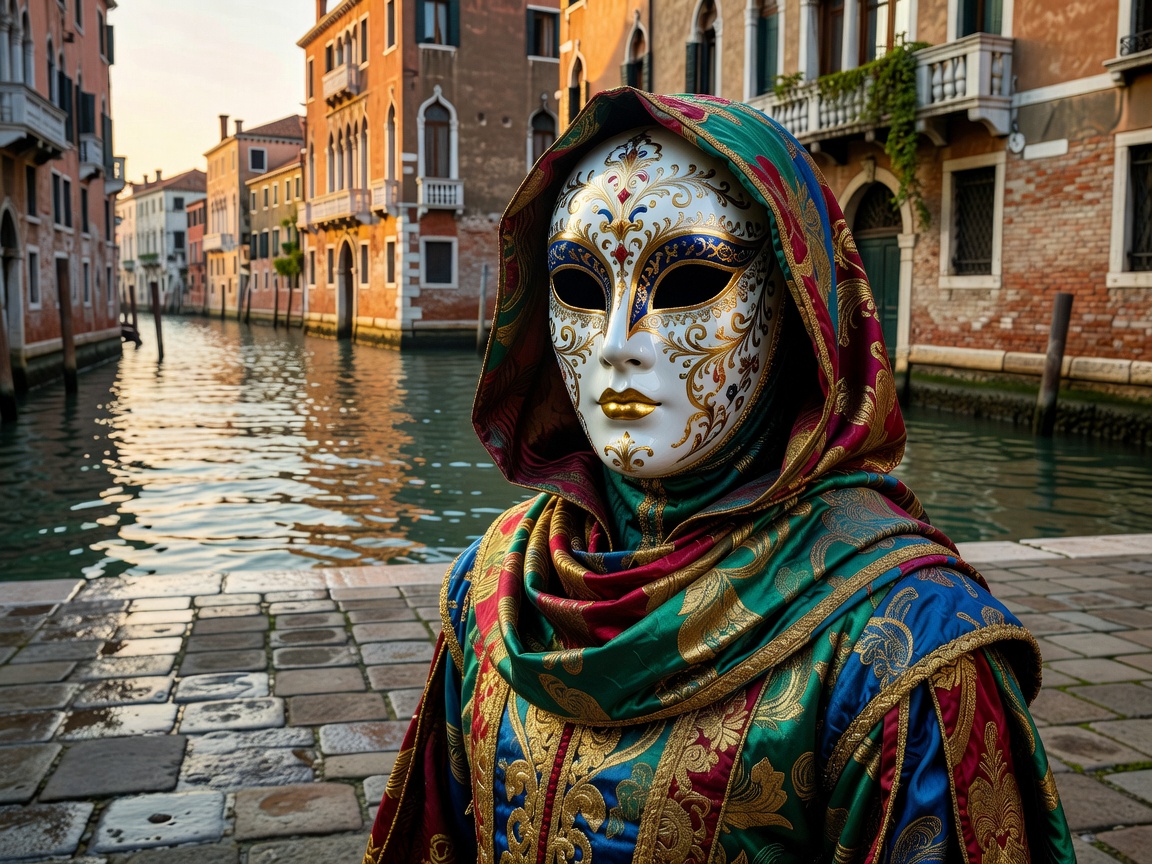 Venetian masked figure in ornate velvet attire by St Marks Square