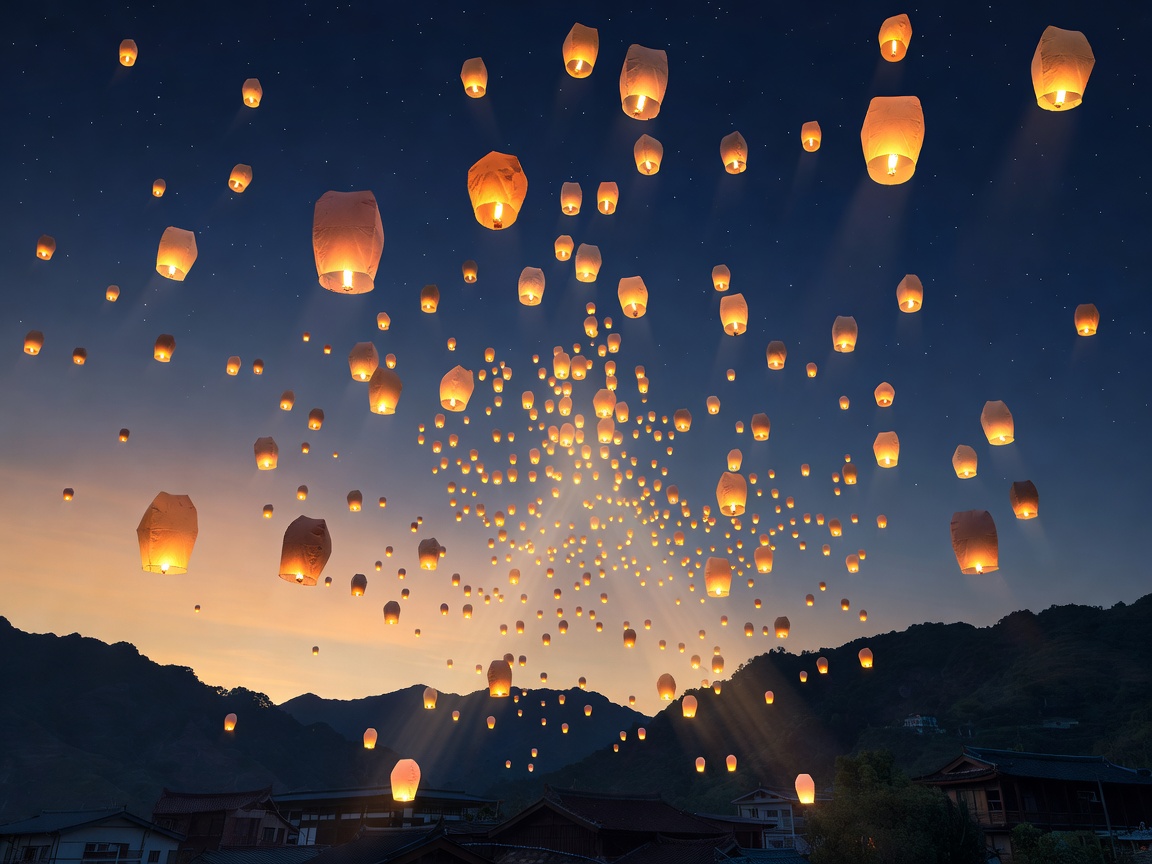 Thousands of glowing paper lanterns rising into night sky in Taiwan