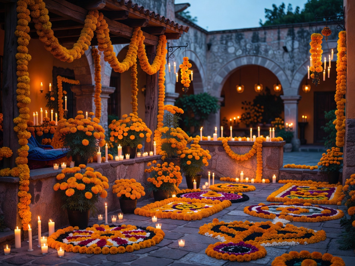 Altar with marigolds and glowing candles for Day of the Dead in Oaxaca