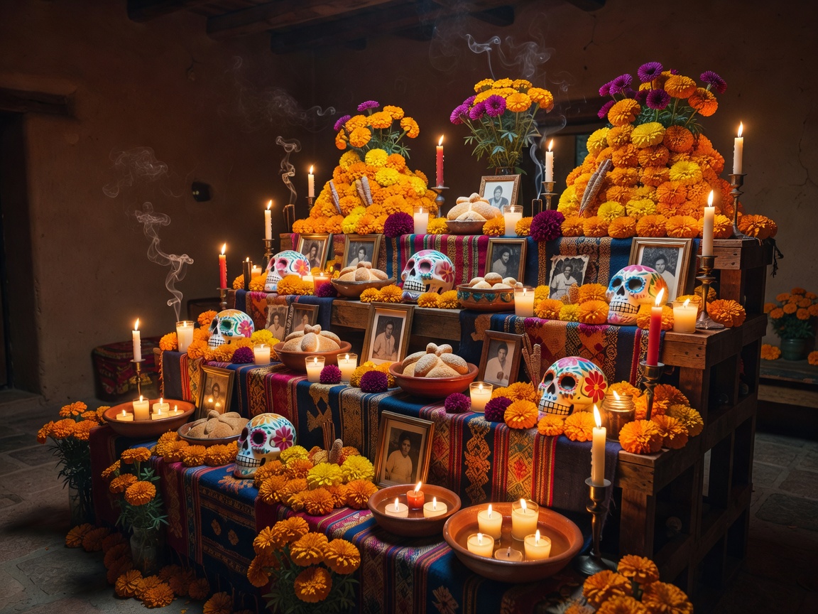 Marigold flowers and candles illuminating Día de los Muertos altar in Oaxaca