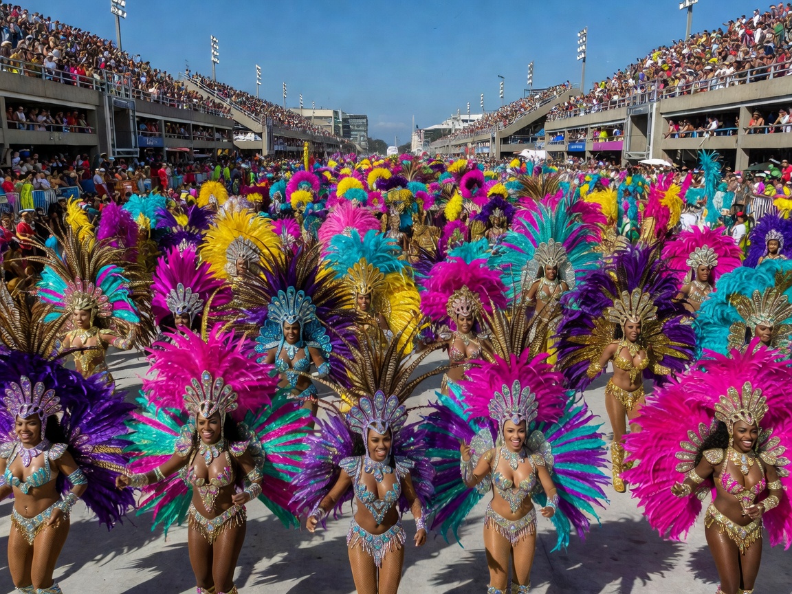 Rio Carnival Sambadrome spectacle with colorful feather headpieces