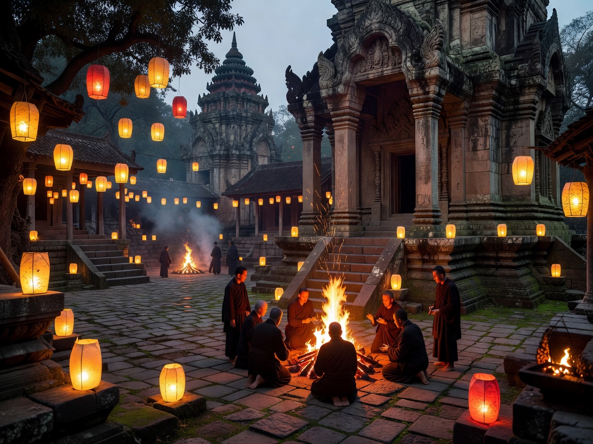 Sacred fire ritual lanterns lighting up ancient temple grounds