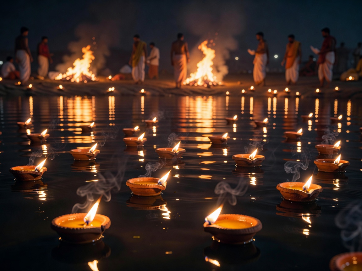 Sacred floating oil lamps on water surface during night fire ritual