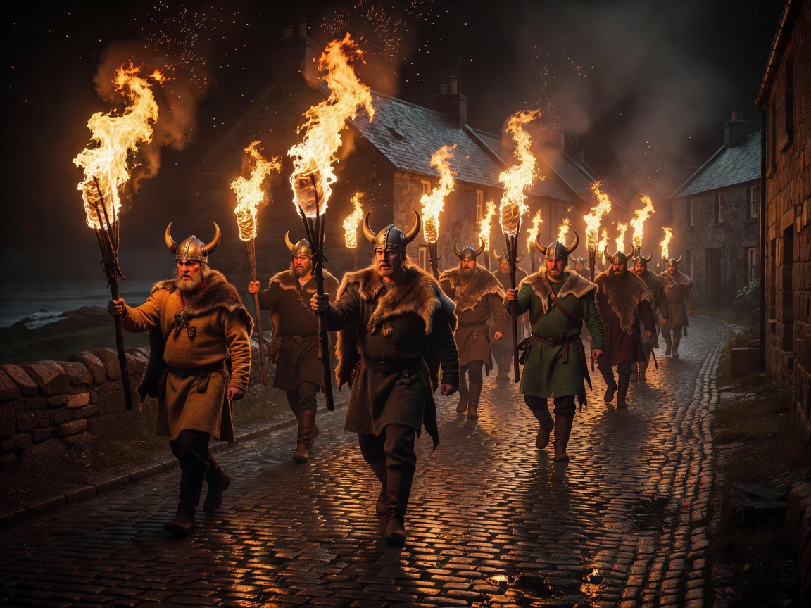 Shetland Viking fire procession with blazing torches
