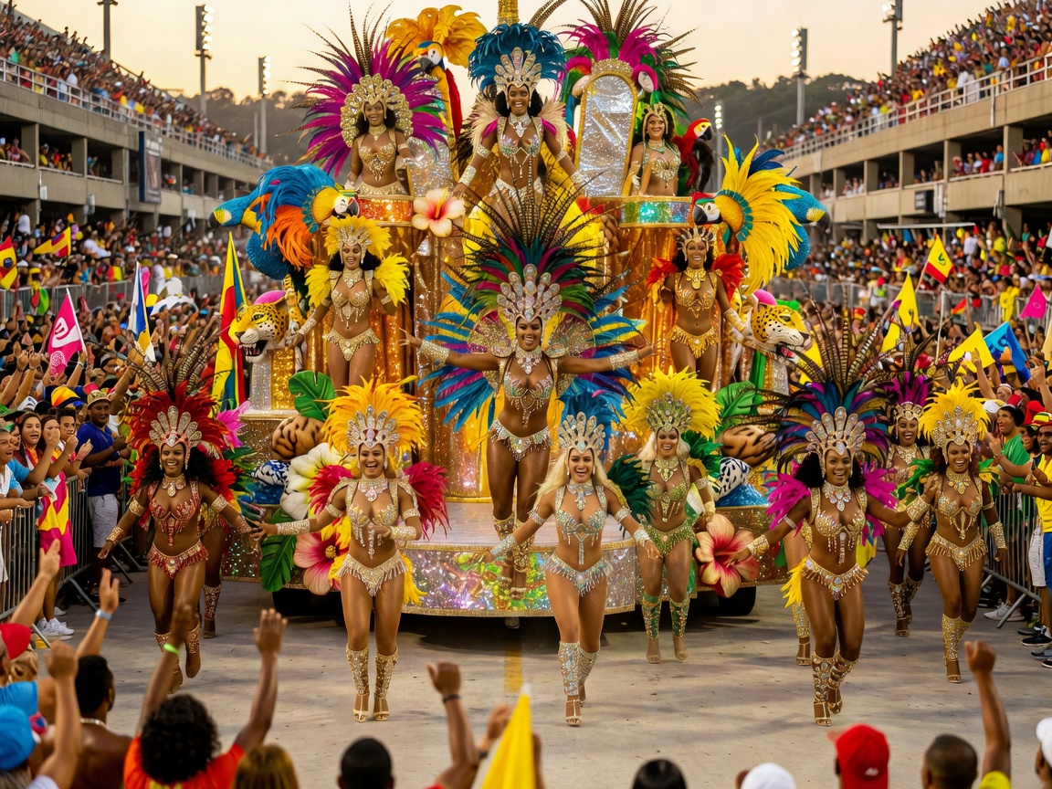 Dancers in intricate feathery costumes at Rio Carnival Brazil
