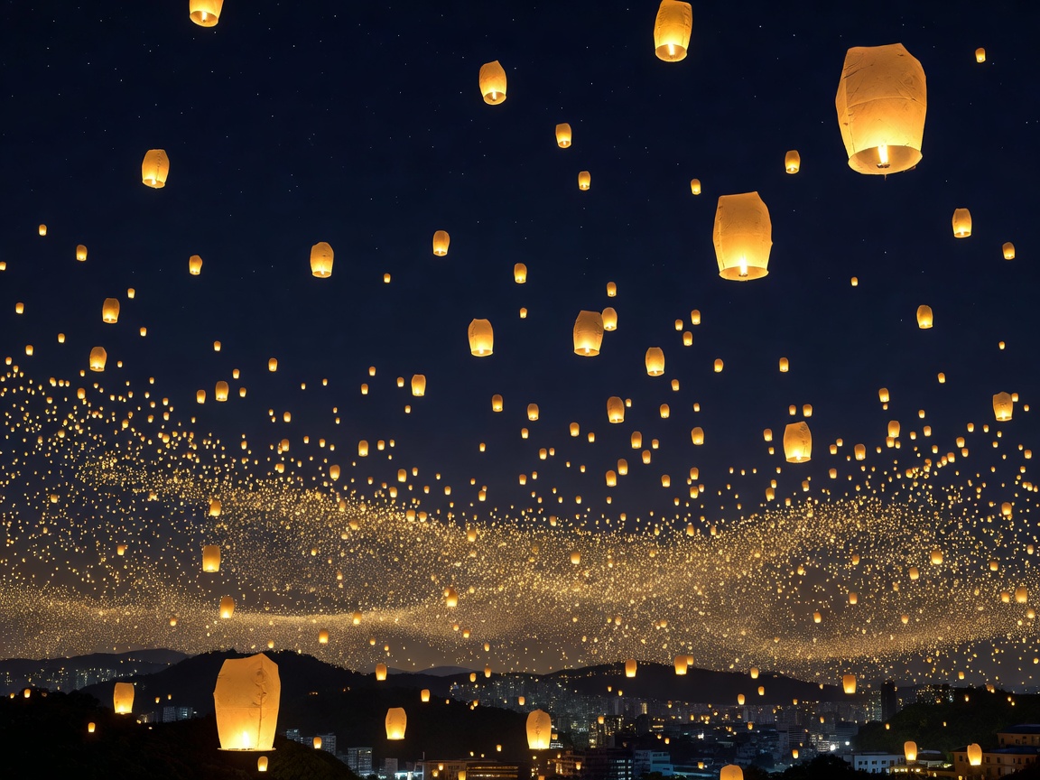 Thousands of golden lanterns drifting into Taiwan night sky