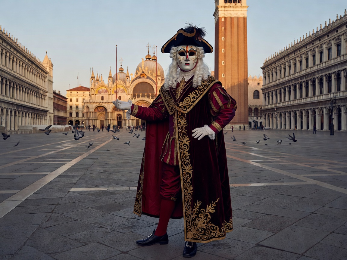 Venetian masked reveler posing in historic baroque attire by St Marks Square