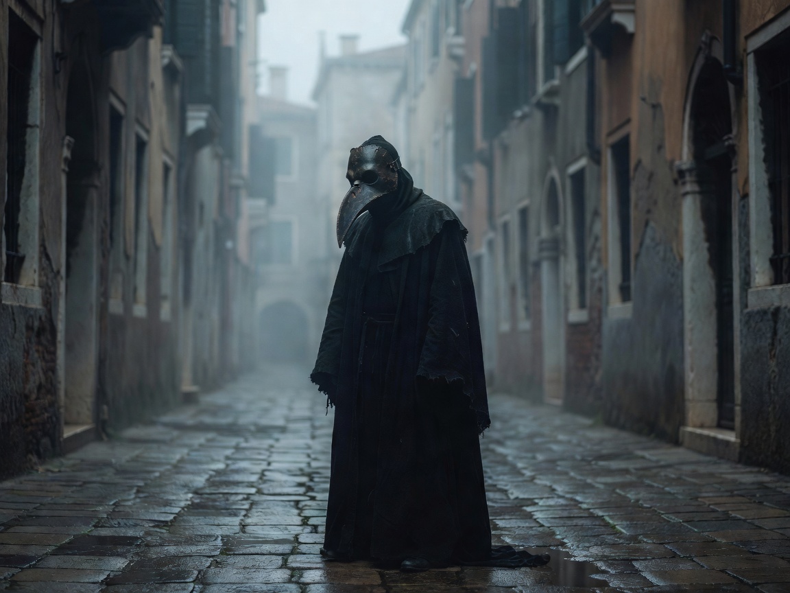Venetian plague doctor mask with long beak and dark cloak